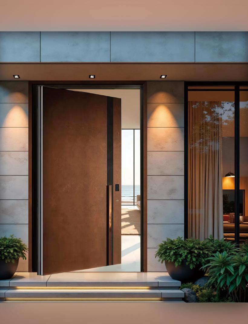 Corten-finish pivot entrance door opening onto a sea view