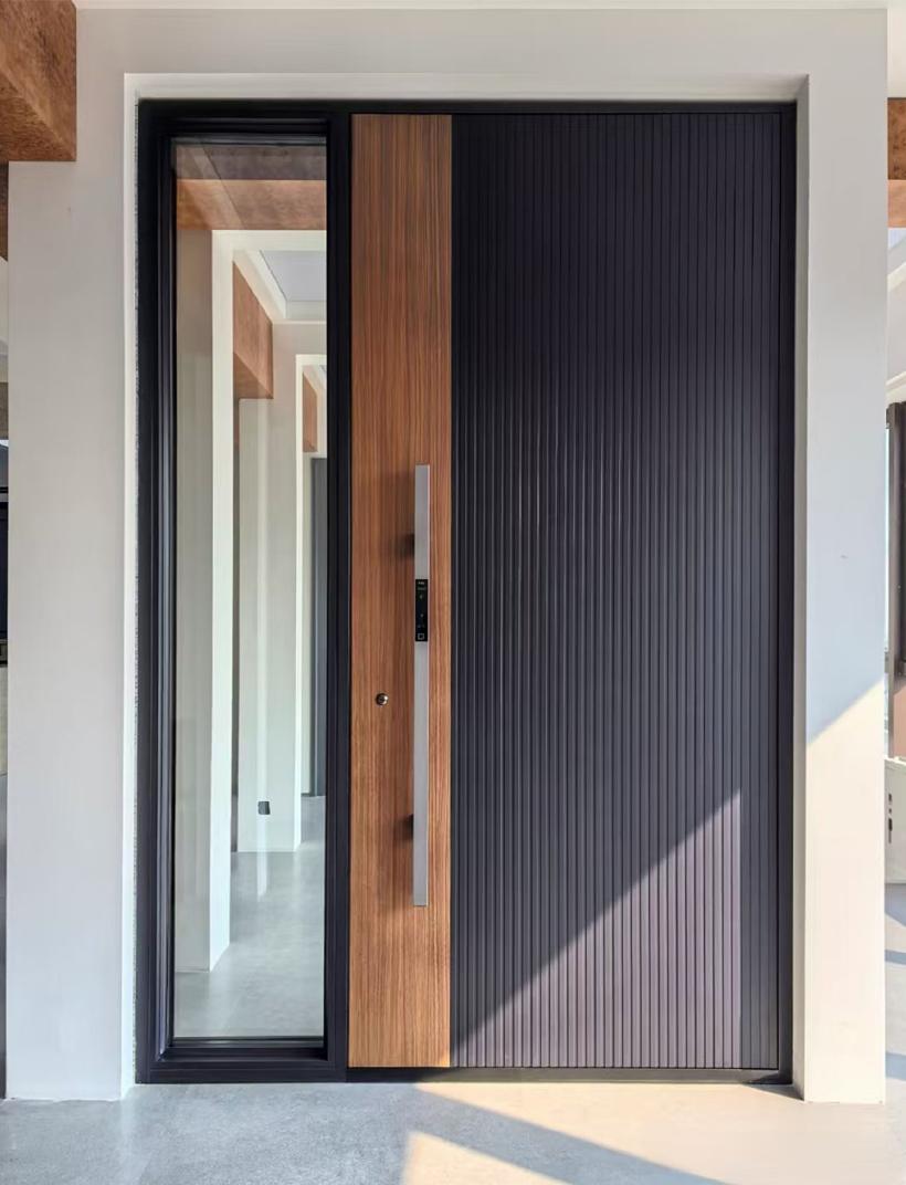 Walnut & fluted black entrance door, hinged + sidelight