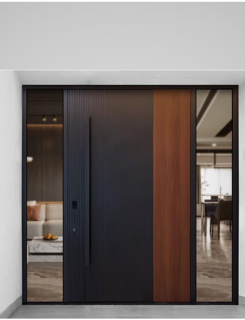 Fluted black & walnut entrance door, twin sidelights