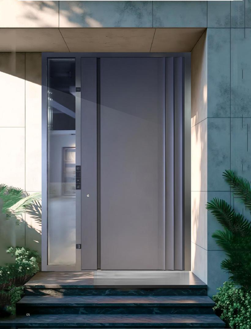 Dove grey entrance door, hinged + sidelight